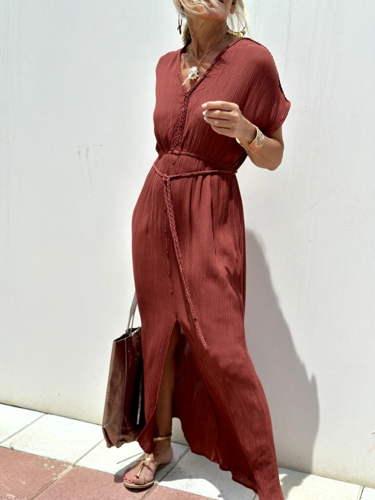 Red V-neck Belted Dress