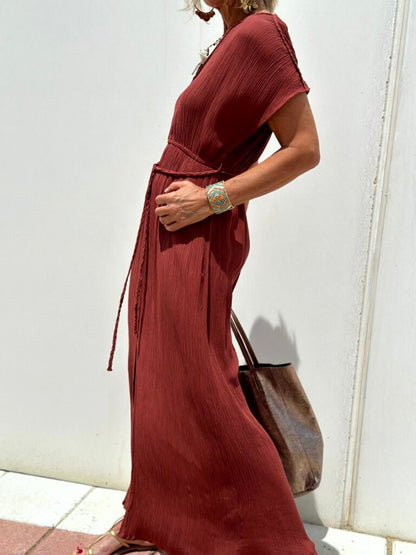 Red V-neck Belted Dress