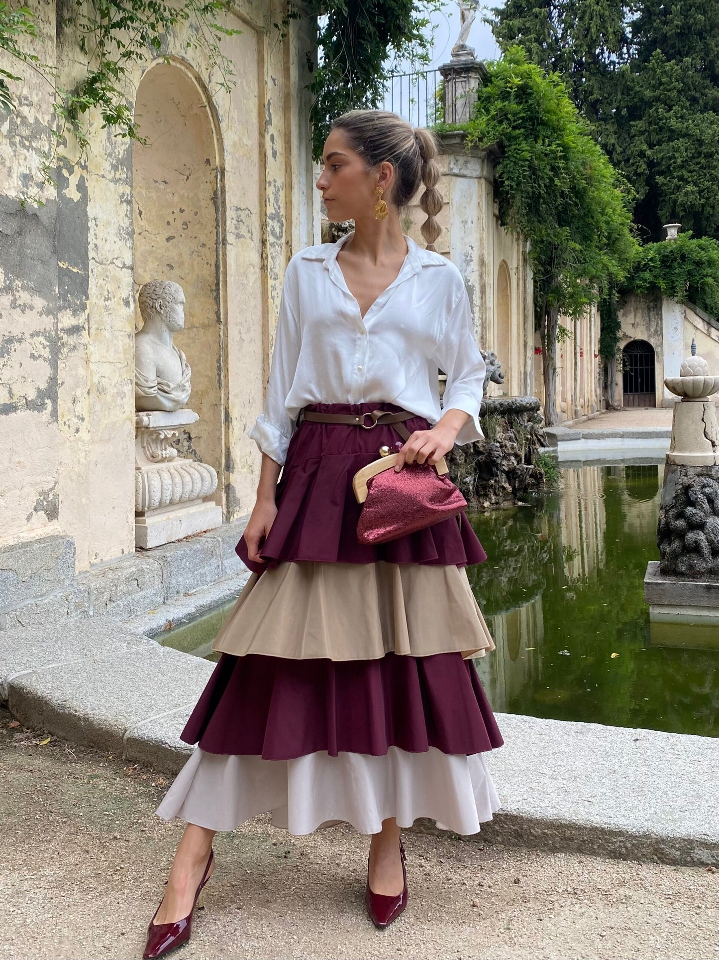 Burgundy Taffeta Ruffle Halter Dress