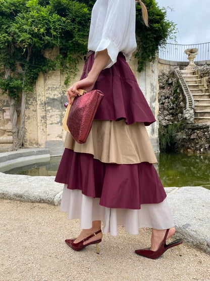 Burgundy Taffeta Ruffle Halter Dress