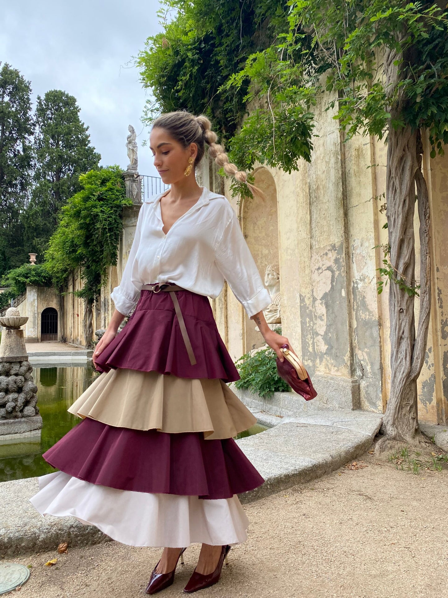 Burgundy Taffeta Ruffle Halter Dress