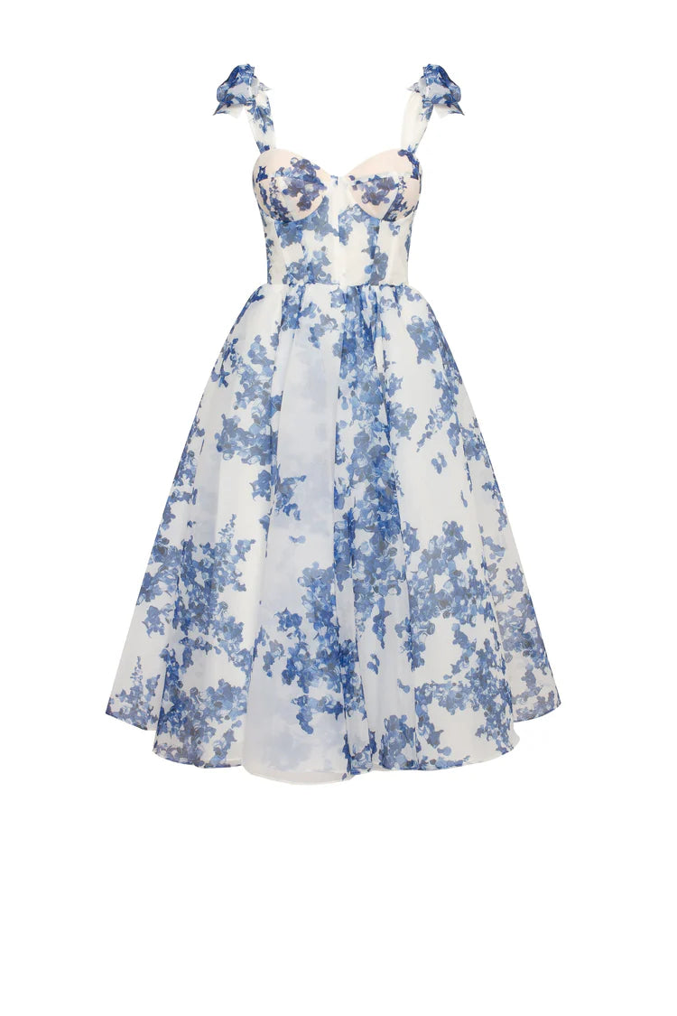 Women's Blue Printed Strapless Dress