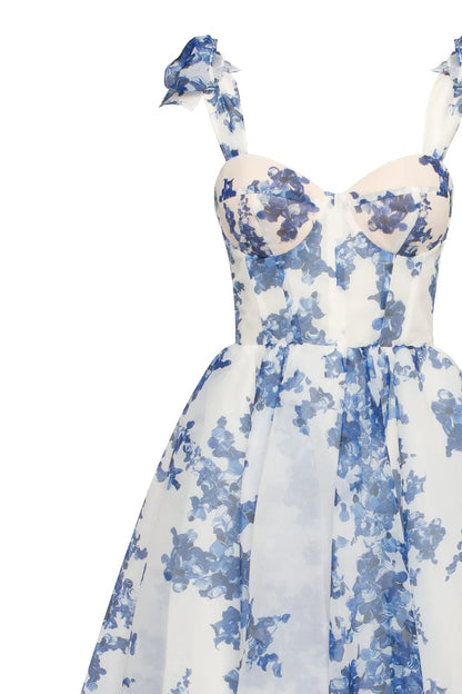 Women's Blue Printed Strapless Dress