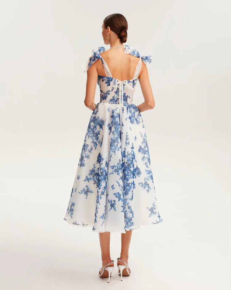 Women's Blue Printed Strapless Dress