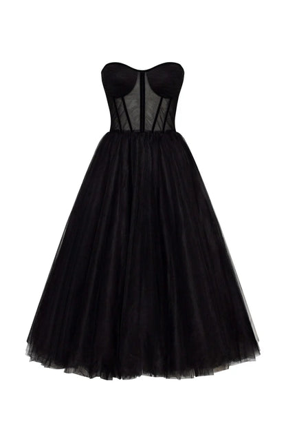 Strapless Puffy Midi Tulle Dress