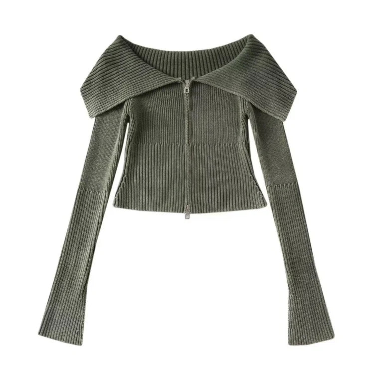 Grau Stricken Kurze Strickjacke Pullover Große Revers Doppel-reißverschluss Langarm Frauen Neue Mode Flut