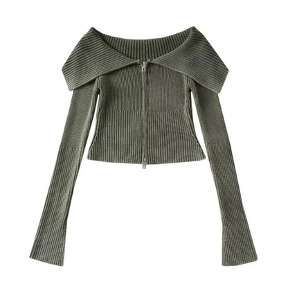 Grau Stricken Kurze Strickjacke Pullover Große Revers Doppel-reißverschluss Langarm Frauen Neue Mode Flut