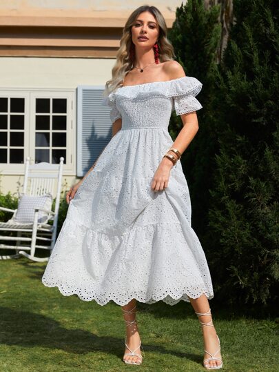 Simple Women's Embroidered Ruffes Off Shoulder High Waist Dress