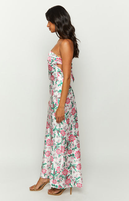 Strapless Floral Satin Midi Dress