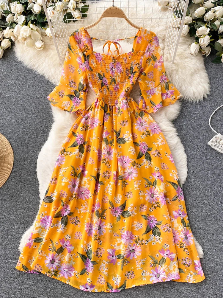 Summer Bohemian Printed Chiffon Dress  A-Line Ruffle Beach Vestidos Female New