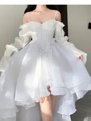 Coafell Elegant Ruffles Chic FairySweet Princess Dress Women White Summer Korean Style Slash Neck Casual Party Dress Female