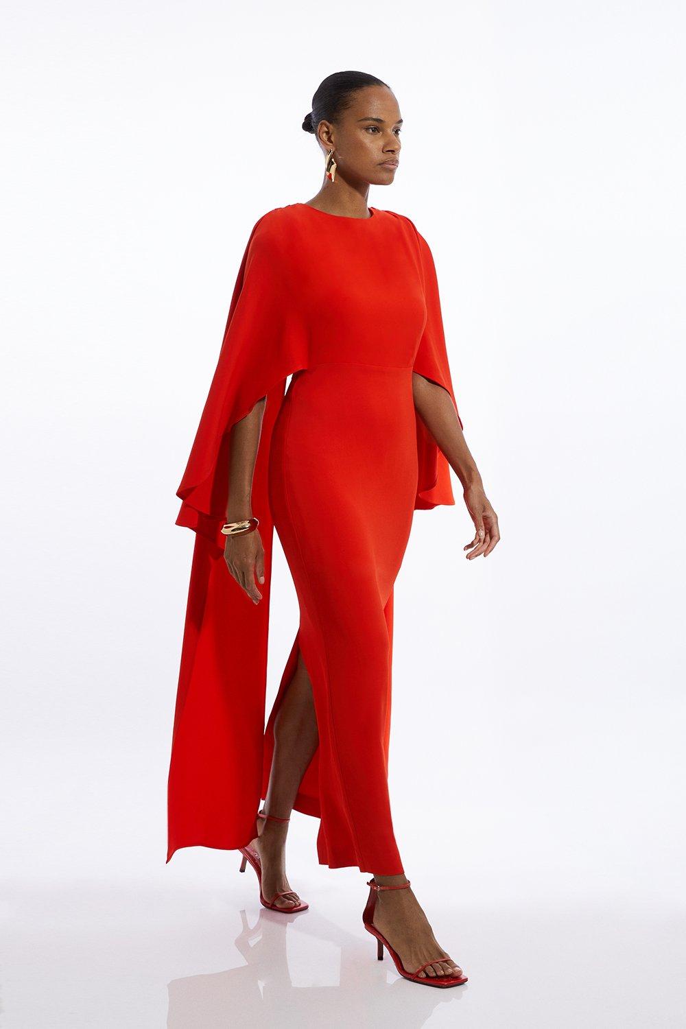 Compact Stretch Viscose Cape Detail Maxi Dress