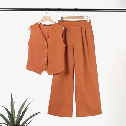 Button Down Vest and Wide Leg Pants 2 Piece Set (Buy 2 Free Shipping)