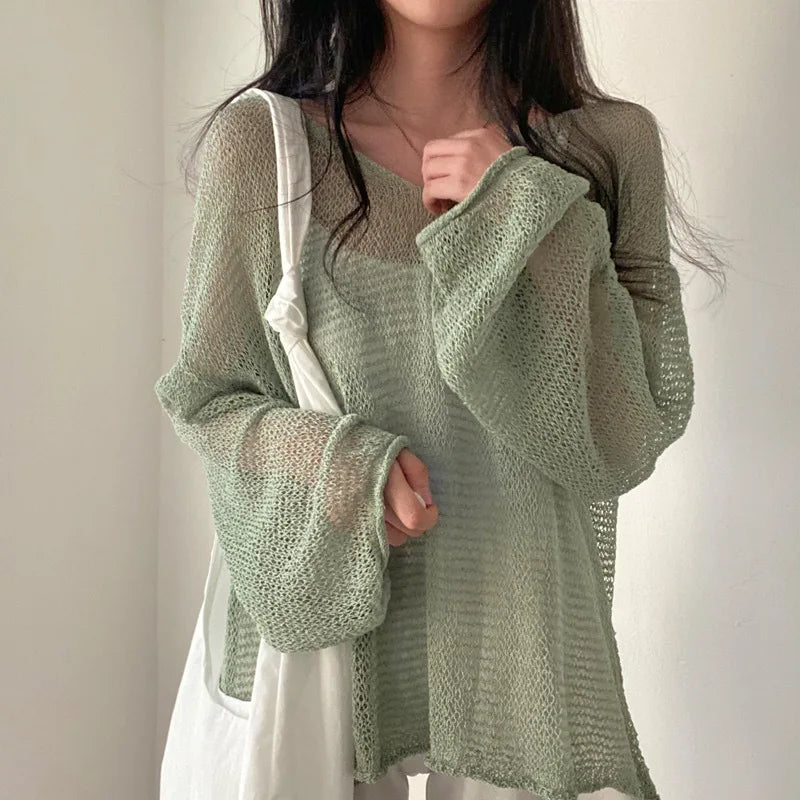 Lazy Style Full Sleeves Jumpers Tops Hollow Out Sexy Women Fashion Casual Streetwear Chic Femme Sweaters Pullovers