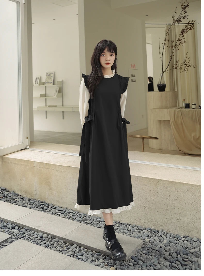 Long-Sleeve Round Neck Ruffle Trim Mock Two Piece Midi A-Line Dress