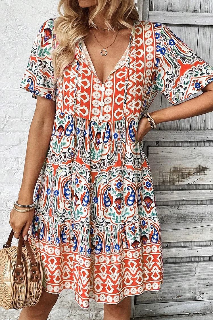 Bohemian Tie Neck Flounce Sleeve Ruffle Hem Mini Dress