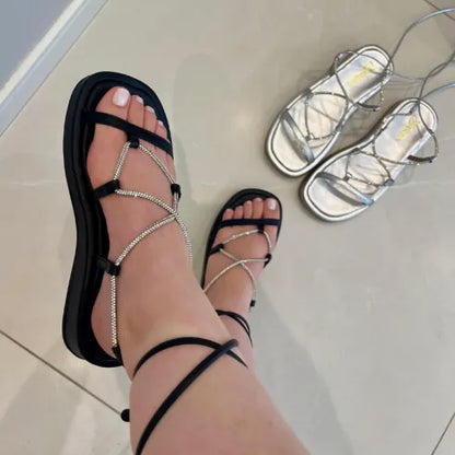 Rhinestone Cross-strap Platform Sandals