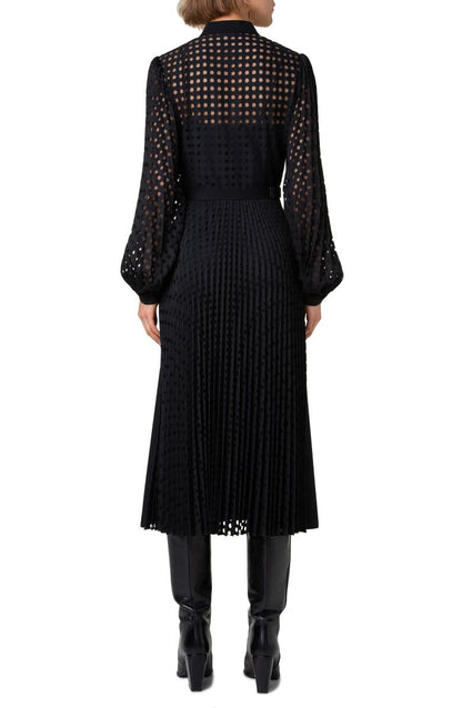 Round Check Pleated Long Sleeve Midi Dress