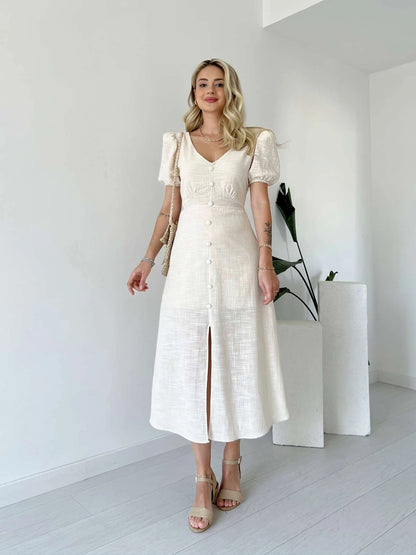 Balloon Sleeve Front Buttoned Linen Dress