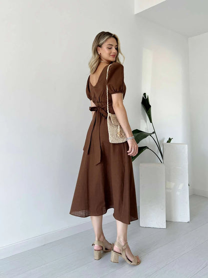 Balloon Sleeve Front Buttoned Linen Dress