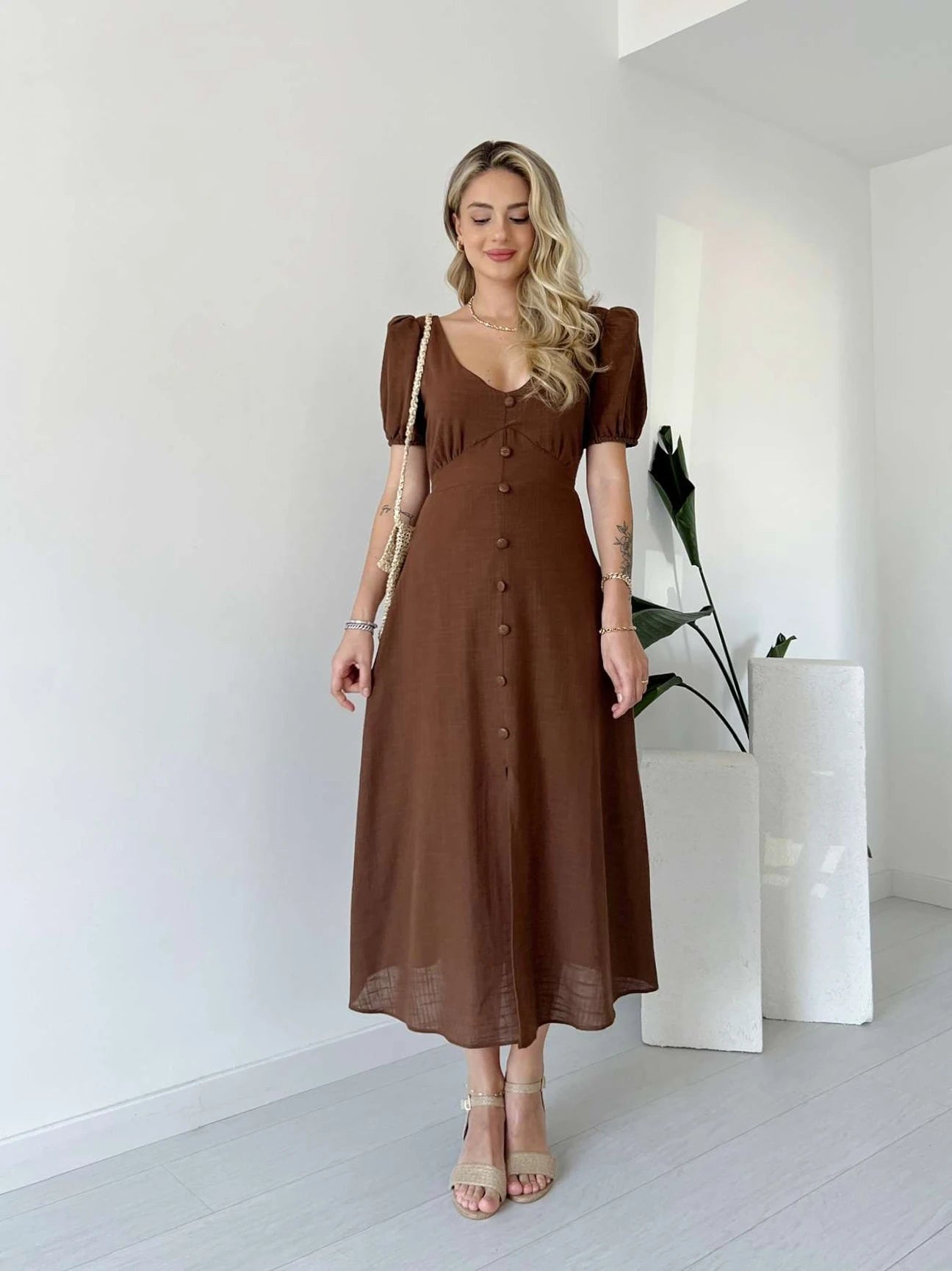 Balloon Sleeve Front Buttoned Linen Dress