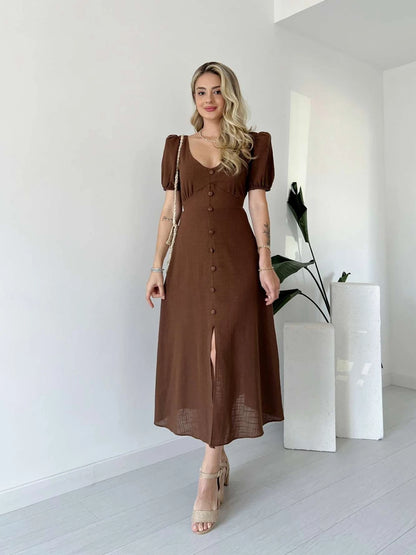 Balloon Sleeve Front Buttoned Linen Dress