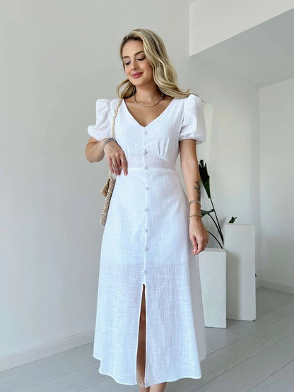 Balloon Sleeve Front Buttoned Linen Dress