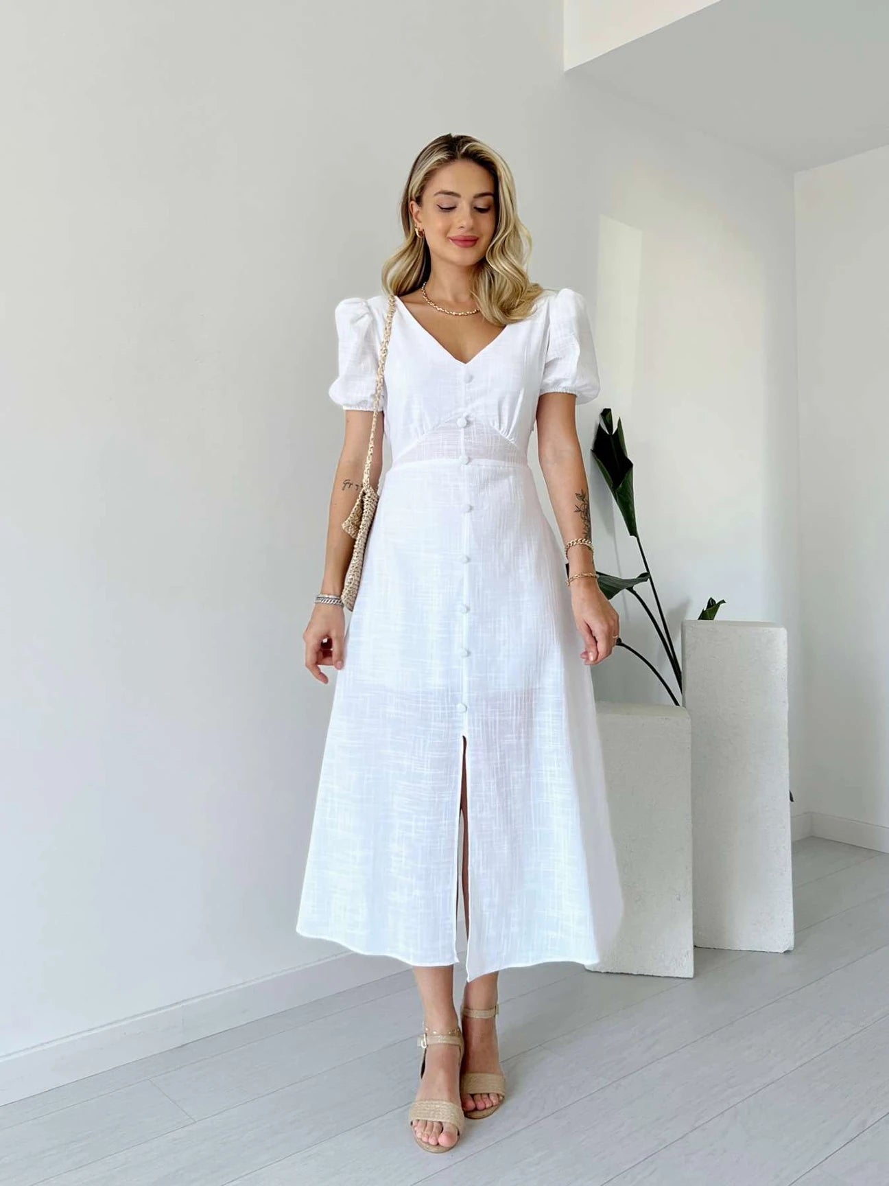 Balloon Sleeve Front Buttoned Linen Dress