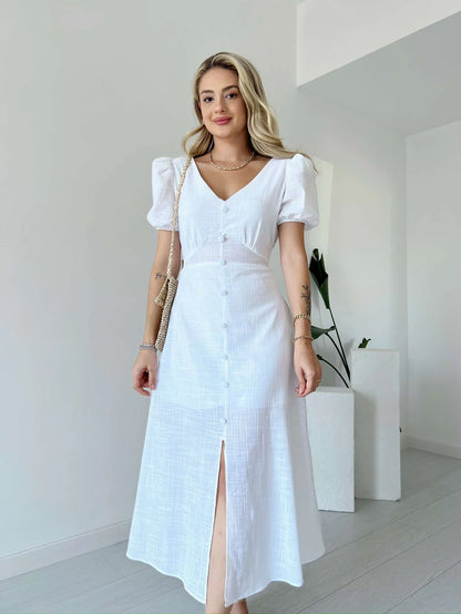 Balloon Sleeve Front Buttoned Linen Dress