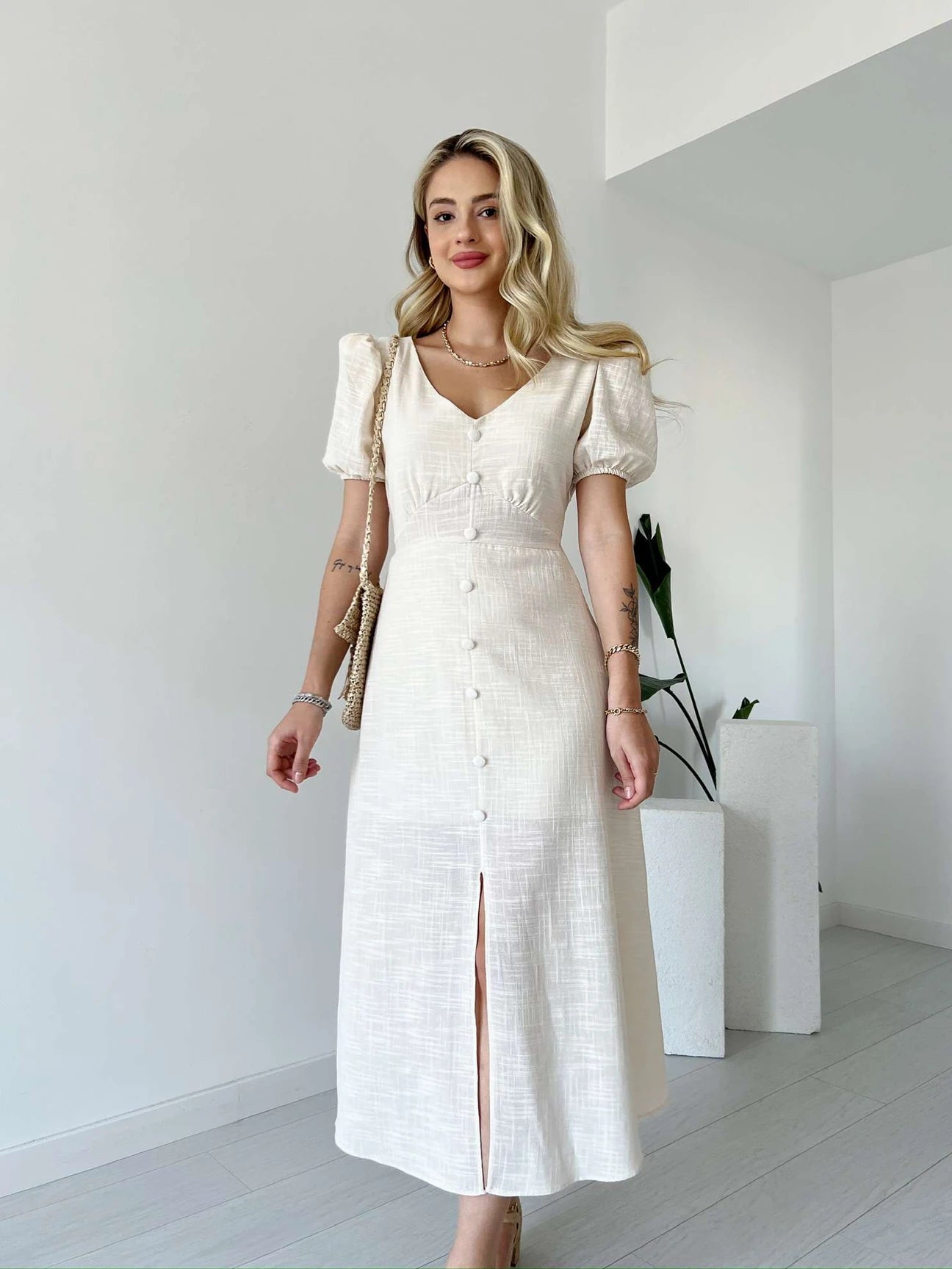 Balloon Sleeve Front Buttoned Linen Dress