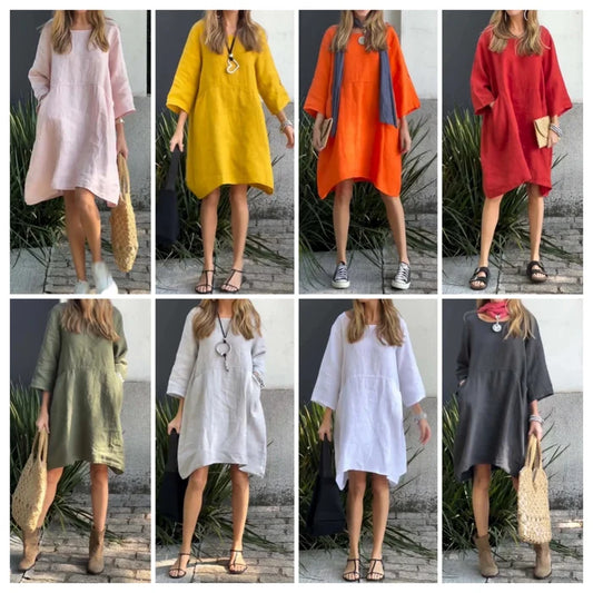 🔥BUY 2 FREE SHIPPING🔥Casual solid color cotton and linen dress