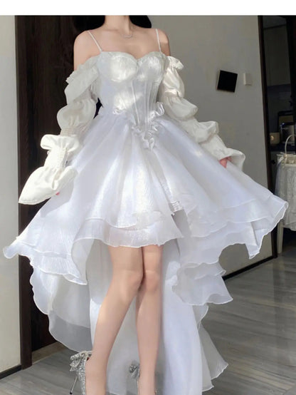 Coafell Elegant Ruffles Chic FairySweet Princess Dress Women White Summer Korean Style Slash Neck Casual Party Dress Female