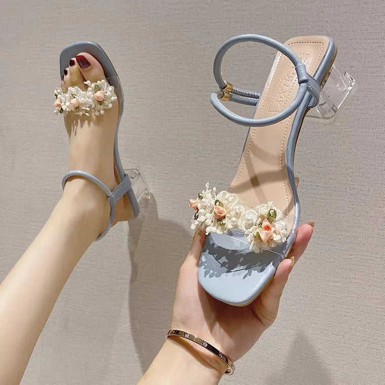 Women Fashionable Crystal Flower High Heeled Sandals, Multi-Way Wearing