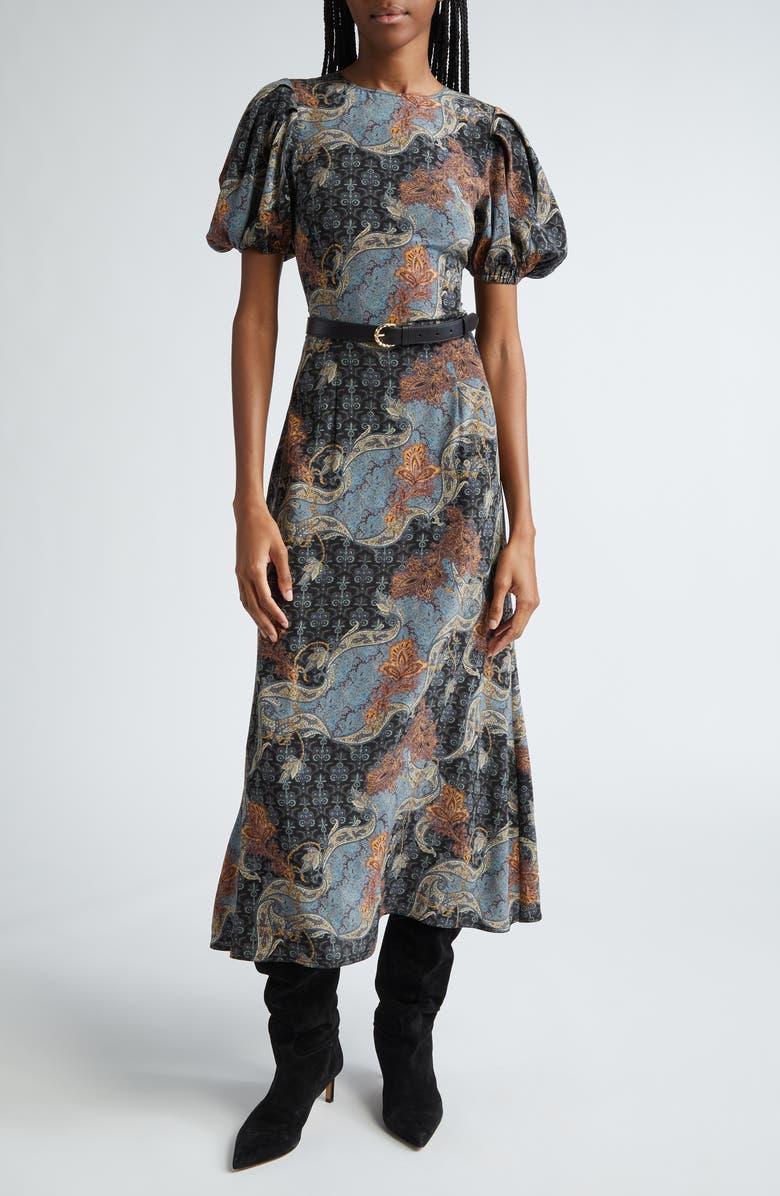 Printed Belted Bubble Sleeve Dress