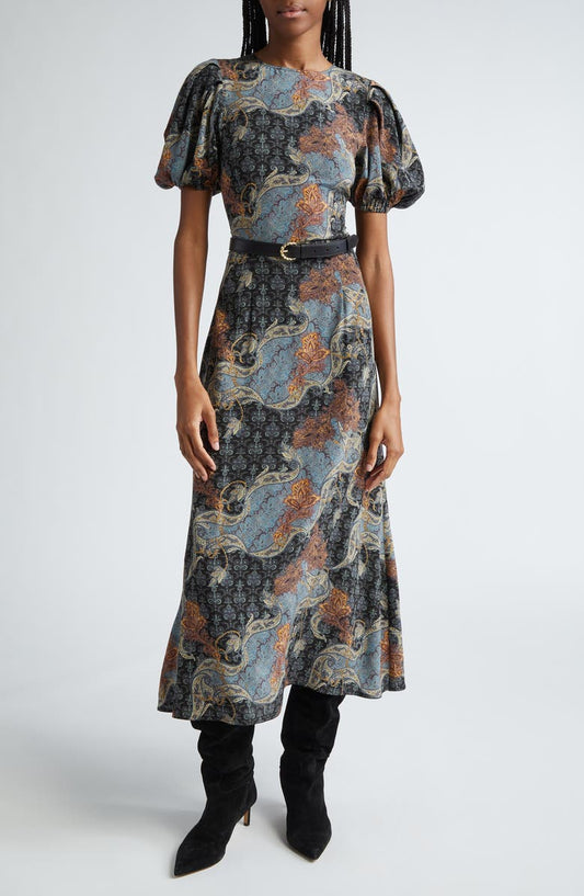 Printed Belted Bubble Sleeve Dress