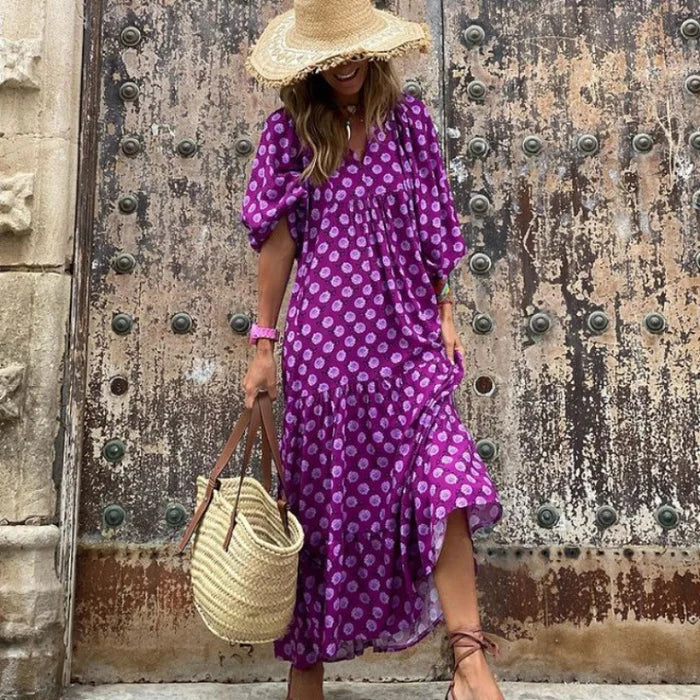 🎁LAST DAY SLAE-49% OFF🎁Boho Geometric Patchwork Puff Sleeve Dress