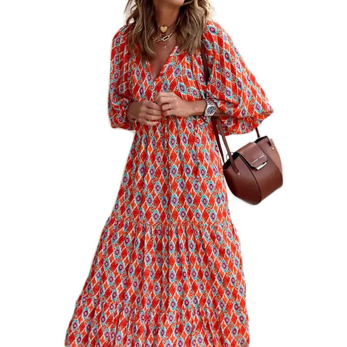 🎁LAST DAY SLAE-49% OFF🎁Boho Geometric Patchwork Puff Sleeve Dress