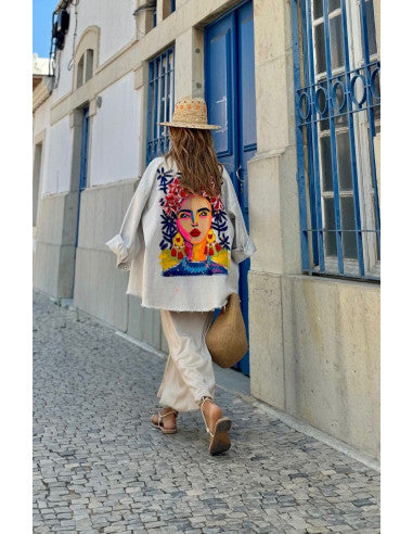 Ecru Jacket with Woman's Drawing and Floral Headband on the Back