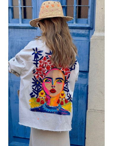 Ecru Jacket with Woman's Drawing and Floral Headband on the Back