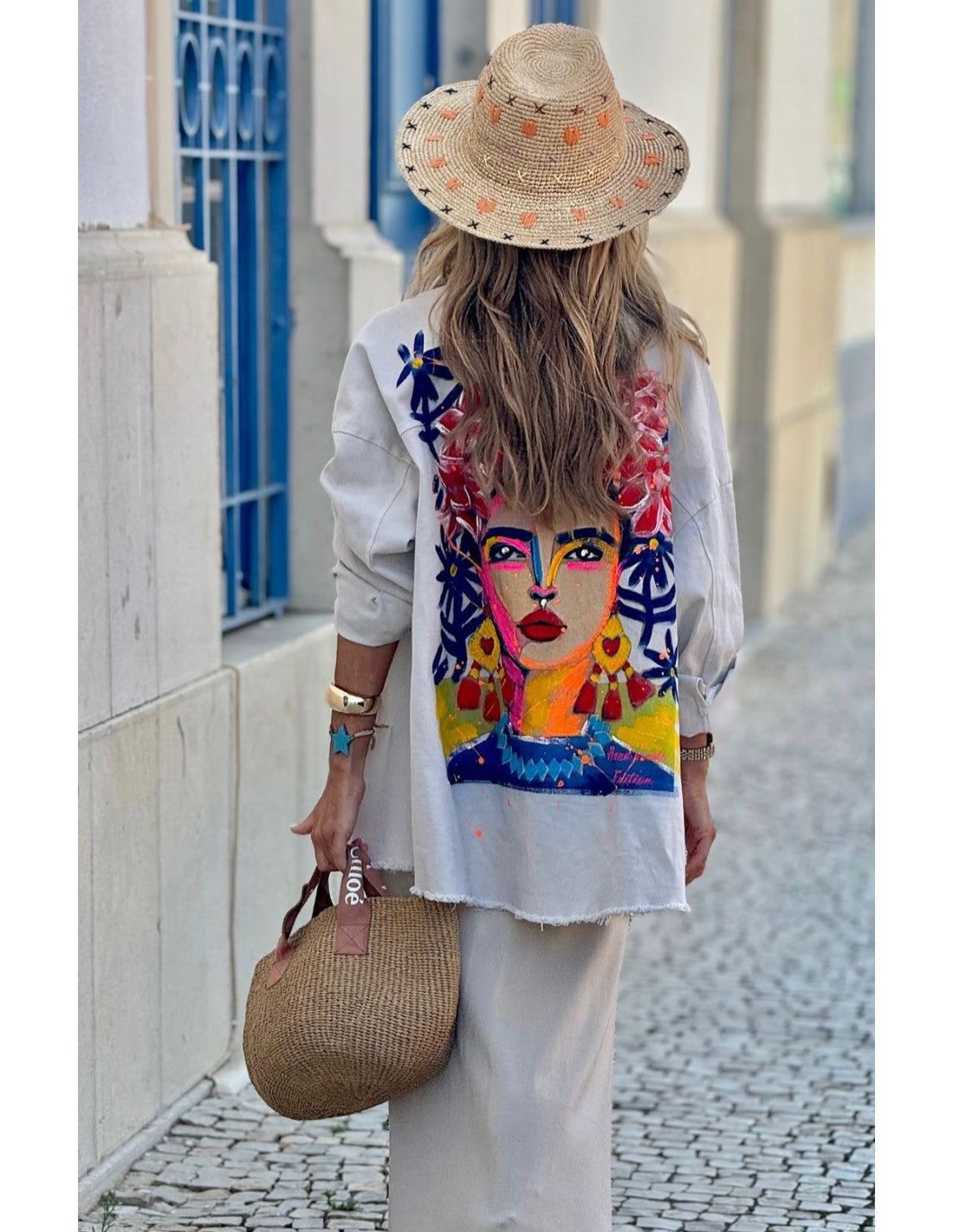 Ecru Jacket with Woman's Drawing and Floral Headband on the Back