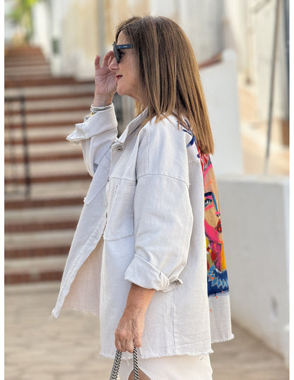 Ecru Jacket with Woman's Drawing and Floral Headband on the Back