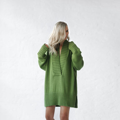 Cotton V-neck long jumper