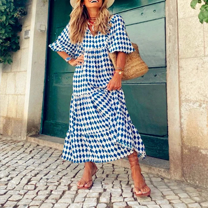 🎁LAST DAY SLAE-49% OFF🎁Boho Geometric Patchwork Puff Sleeve Dress