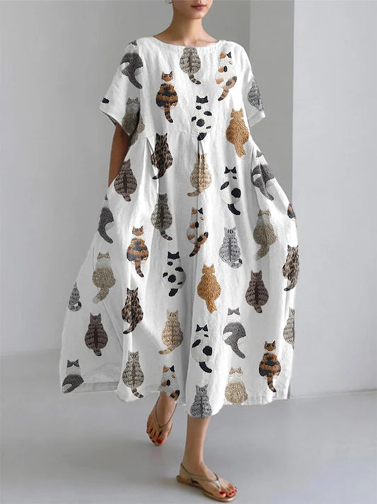 Women's Cute Cats Embroidery Print Short Sleeve Midi Dress