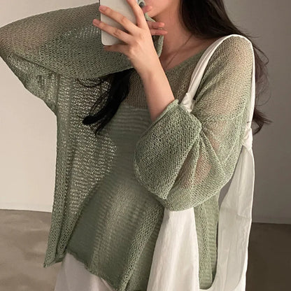 Lazy Style Full Sleeves Jumpers Tops Hollow Out Sexy Women Fashion Casual Streetwear Chic Femme Sweaters Pullovers