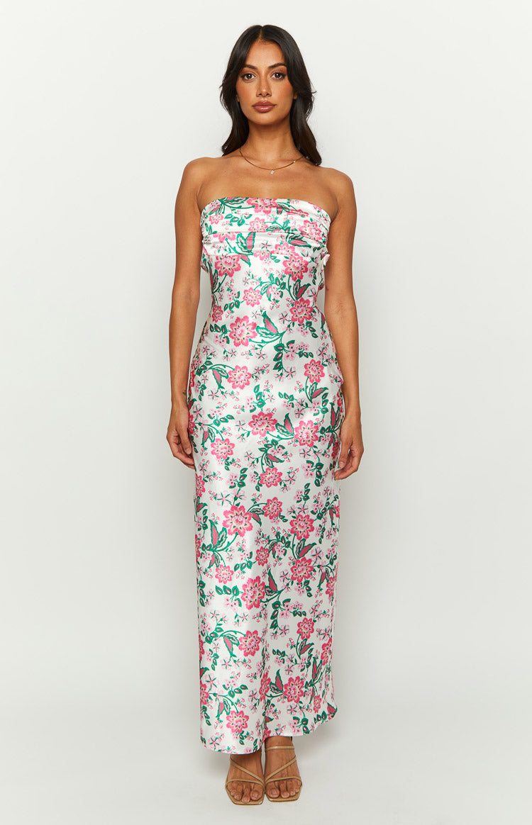 Strapless Floral Satin Midi Dress