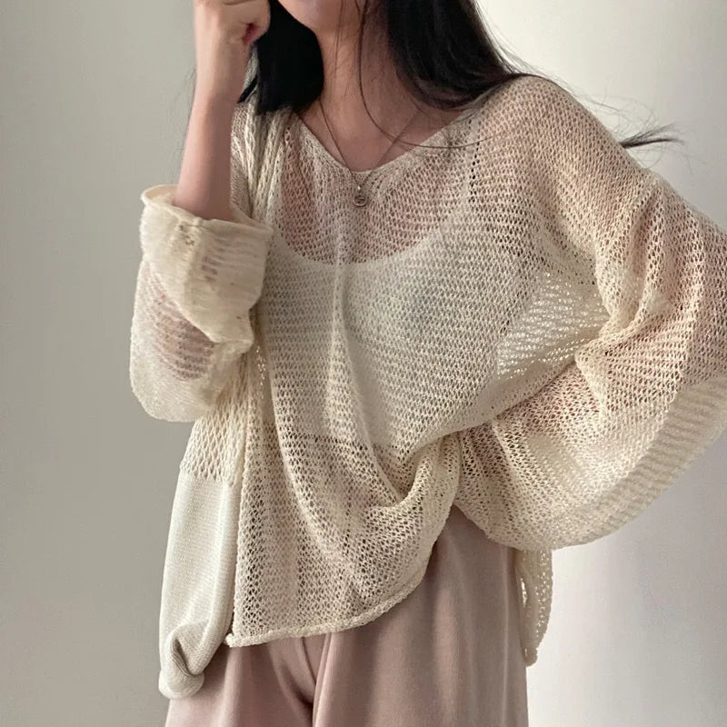 Lazy Style Full Sleeves Jumpers Tops Hollow Out Sexy Women Fashion Casual Streetwear Chic Femme Sweaters Pullovers