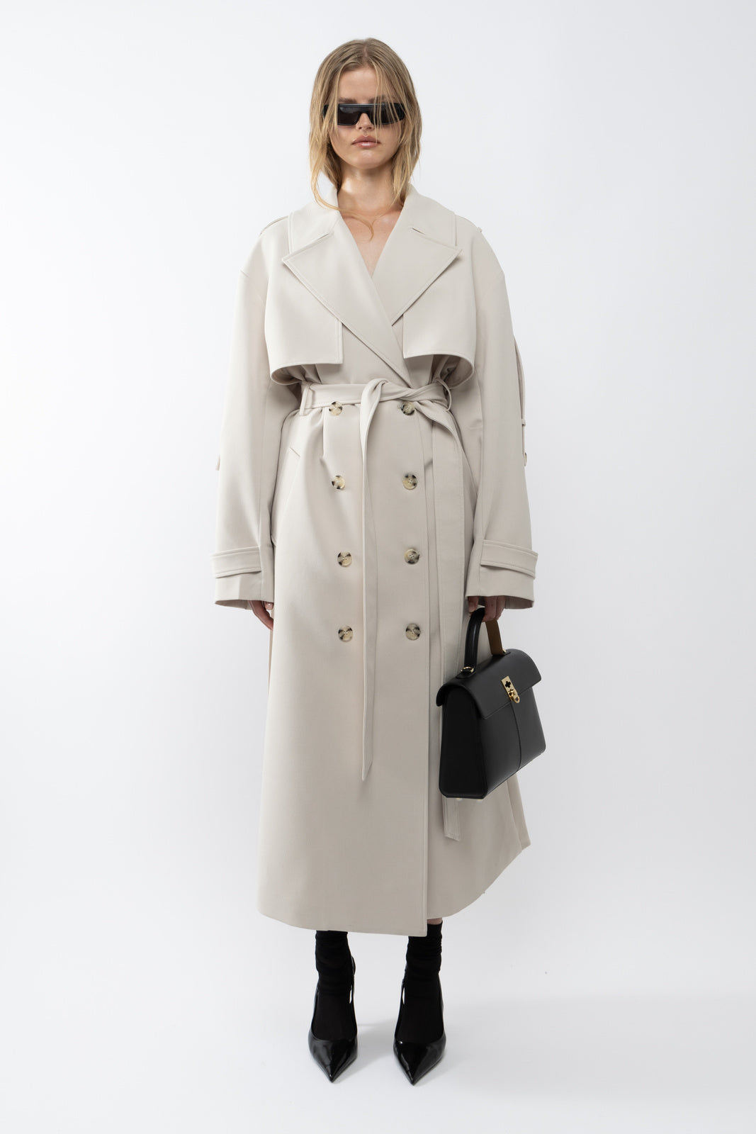 Women's Belted Pleated Long Trench Coat