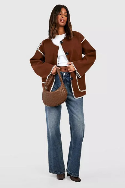 Contrast Blanket Stitch Wool Look Jacket