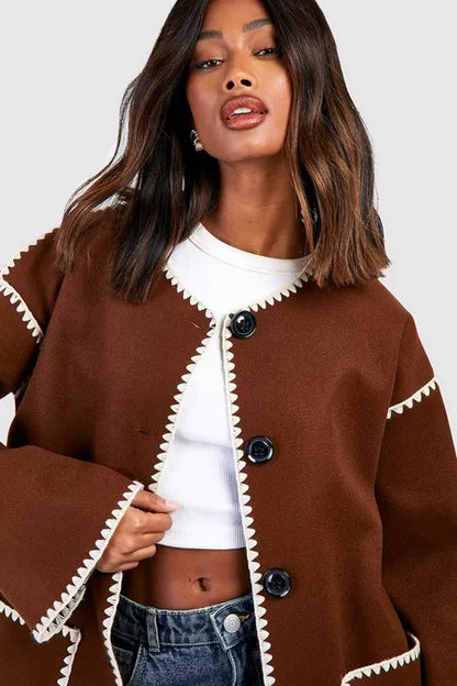 Contrast Blanket Stitch Wool Look Jacket